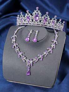 4pcs Elegant Rhinestone Queen Crown Necklace Set, Bridal Wedding Headpiece, Banquet Party Baroque Style Jewelry - Mauve Purple - View 1