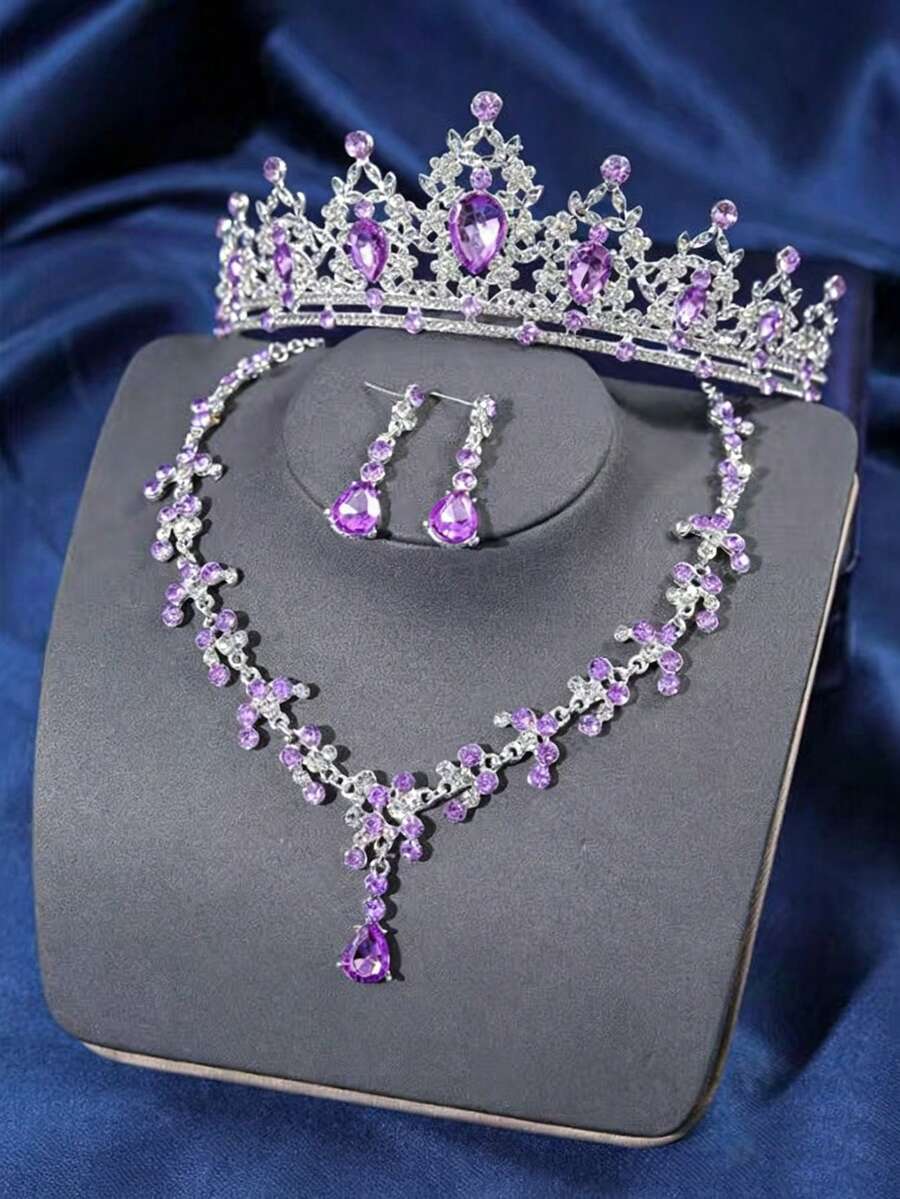 4pcs Elegant Rhinestone Queen Crown Necklace Set, Bridal Wedding Headpiece, Banquet Party Baroque Style Jewelry - Mauve Purple - View 1