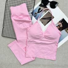 2pcs Women's Fitness Workout Set, Seamless Yoga Halter Top, High Waist Butt-Flattering Leggings, Gym Training Sportswear Pink - Pink - View 11