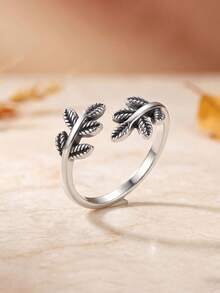 1pc Vintage Silver Olive Leaf Open Ring, Adjustable Unisex Finger Ring, Suitable For Daily Wear And Gift - Silver - View 3
