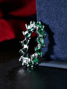 1pc Elegant Versatile Personalized Ring With Green Cubic Zirconia, Luxury High-End Elegant, Suitable For Women's Daily Wear, Party, Holiday Gift - Silver - View 5