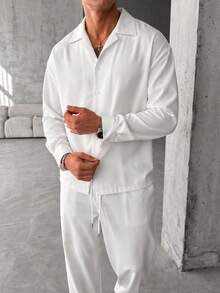 White 2 Pieces Set, Camp Collar Long Sleeve Shirt And Drawstring Wide Leg Casual Vacation Pants - White - View 2