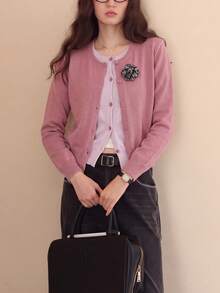 Women's Autumn/Winter Casual Minimalist Colorblock 2 In 1 Cardigan Knit Sweater Jacket Pink - Pink - View 4
