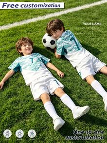 2pcs/Set Full Print Burn-Out Boys Football Jersey Set, Personalized Name/Club Customization, #7 Print Soccer Uniform, Short Sleeve & Shorts Set, Suitable & Girls, Sports, Cycling, Outdoor Running, Football, Star Player Style, Sublimated Youth Soccer Kit - White - View 3