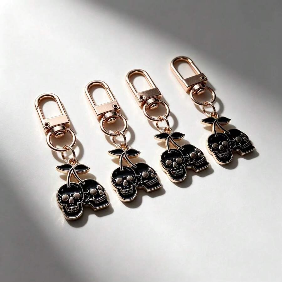 4pcs Dark Gothic Skull Cherry Keychain, Niche Style Double Skull Cherry Bag Charm, Metal Enamel Key Organizer, Punk Rock Car Key Pendant, Cool Gift For Teenagers And Women - Black - View 1