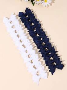 24pcs Girls Back To School Deep Blue & White Fabric Bow Hair Clips, Crocodile Hair Clips, Fashionable Children's Hair Accessories, First Day Of School Gift - Multicolor - View 3
