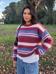 Cloud Verse Retro Multicolor Striped Fuzzy Knit Pullover Y2K Streetwear Loose Fit Long Sleeve Sweater - Multicolor - View 3