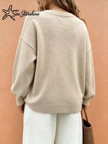 Sea Starshine Sweater Rajut Wanita Model Terbaru Musim Gugur/Dingin, Warna Polos, Leher V, Lengan Lentera, Sweater Pendek Longgar Lembut, Sweater Kasual Amerika untuk Berkomuter - Aprikot - View 3