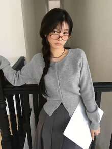 秋冬休閒圓領鈕扣針織開襟衫 - 灰色 - 查看 1