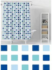 1pc PEVA Printed Waterproof Shower Curtain With Hooks, Blue & Green Plaid Bathroom Shower Curtain, Mildew-Resistant Dry & Wet Separation, Home Decor - Multicolor - View 2