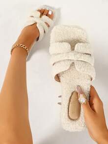 Ximi Ruo Women's Solid Color Flat Fuzzy Slippers, Casual Vacation Beach Home Slippers, Outdoor Wear, Autumn/Winter Warm Slippers, Simple Fashion Fuzzy Slippers, Slouchy Slip-On Women's Shoes, Soft Fuzzy Lining, Daily Commute Outfit, Indoor Home Outdoor Street Wear, Versatile Soft Lightweight Women's Slippers, Autumn/Winter Warm Gentle Style Women's Slippers, Comfortable Flat Casual Travel Outfit Shoes, Slouchy Home Outdoor Dual-Use Fleece Slippers - Beige - View 6