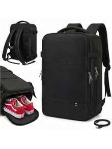 Travel Backpack 40 * 20 * 25 Cm Cabin Bag With USB Port, Carry On Laptop Backpack 15.6 Inch, 180 Degree Opening, Water Repellent Fabric, 12 Pockets - Black - View 1