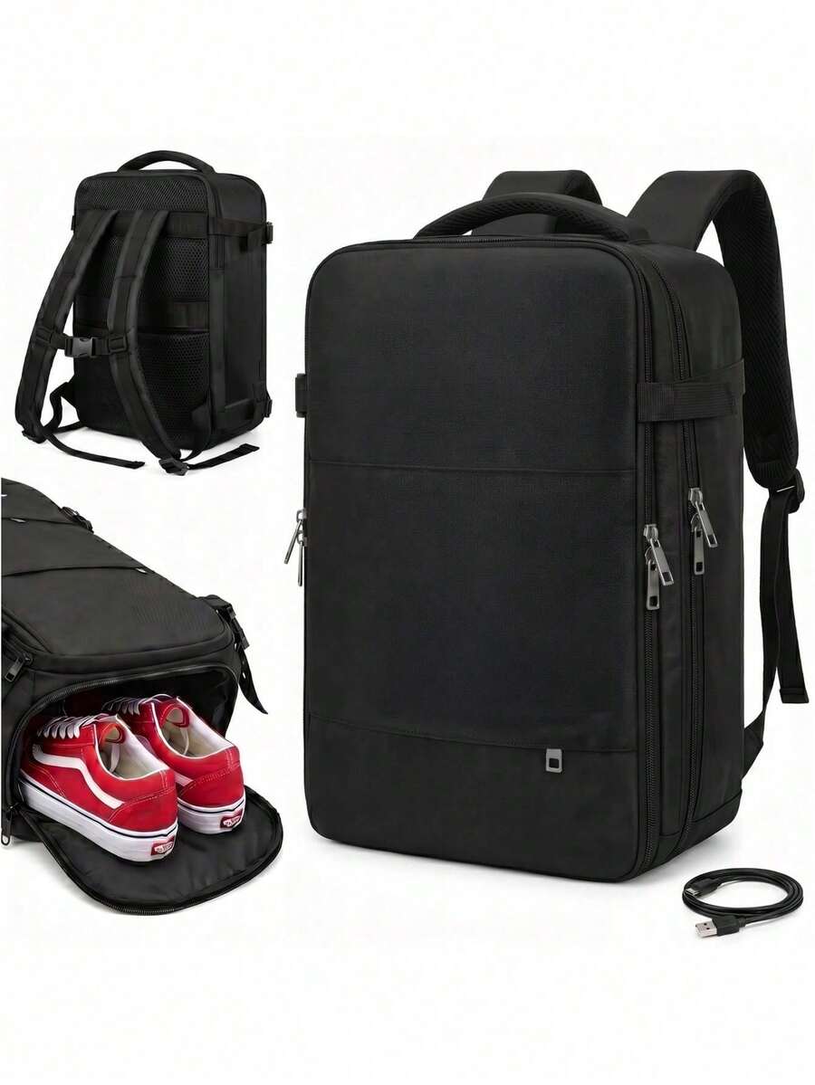 Travel Backpack 40 * 20 * 25 Cm Cabin Bag With USB Port, Carry On Laptop Backpack 15.6 Inch, 180 Degree Opening, Water Repellent Fabric, 12 Pockets - Black - View 1