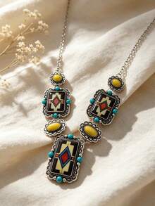 1pc Vintage Western Cowboy Geometric Faux Turquoise Color Block Pendant Heavy Work Necklace, Suitable For Women's Daily, Party, Travel Wear Jewelry Gift - Silver - View 4