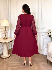 Gaun Tunik Burgundy Ukuran Plus Wanita dengan Lengan Panjang Bordir, Gaun Formal Musim Gugur Panjang Midi Model A-Line - Merah - View 6