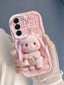 1pc Creamy Big Wave InsD Plush Pink Droopy Ear Rabbit Pearl Bow Bell Pattern Phone Case, Milky White Wave Texture Full Coverage Lens Soft Shell Compatible With Samsung, Series Phones - White - View 3