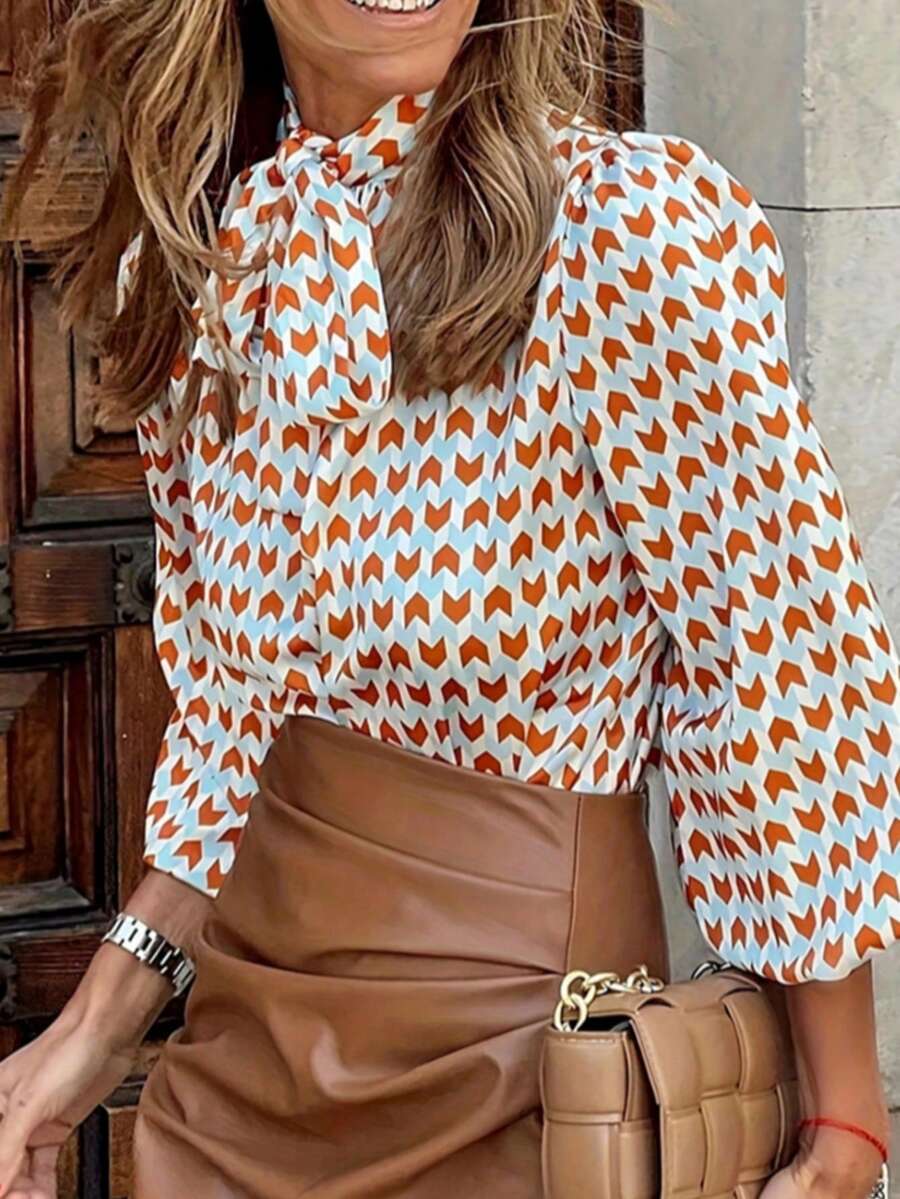 Women's Plus Size Vintage Geometric Print Long Sleeve Tie-Front Blouse, Fashion Woven Fabric, Suitable For Autumn Fashion Outfit - Burnt Orange - View 1
