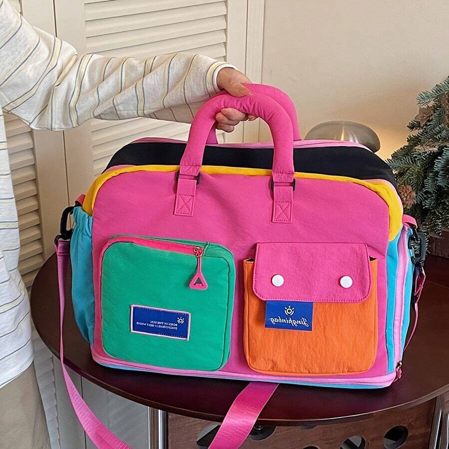 Large Capacity Expandable Fashion Colorblock Travel Luggage Bag, Women's Weekend Tote Bag, Suitable For Short Trips, Fitness, Outdoor Activities And Daily Use