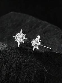 1 Pair Starburst, North Star Stud Earrings, Minimalist Chain Earrings, Unisex Edgy Punk Earrings, Versatile Accessory For Stylish Outfit - Silver - View 4