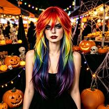 Vibrant 26 Inch Rainbow Color Long Straight Wig, Side Bangs Rainbow Hair Color, Anime Inspired Wig, Synthetic Fiber Wig, Adjustable Breathable Inner Cap, Easy To Style, Suitable For Cosplay, Party And Daily Wear, Perfect For Halloween Events - Multicolor - View 4