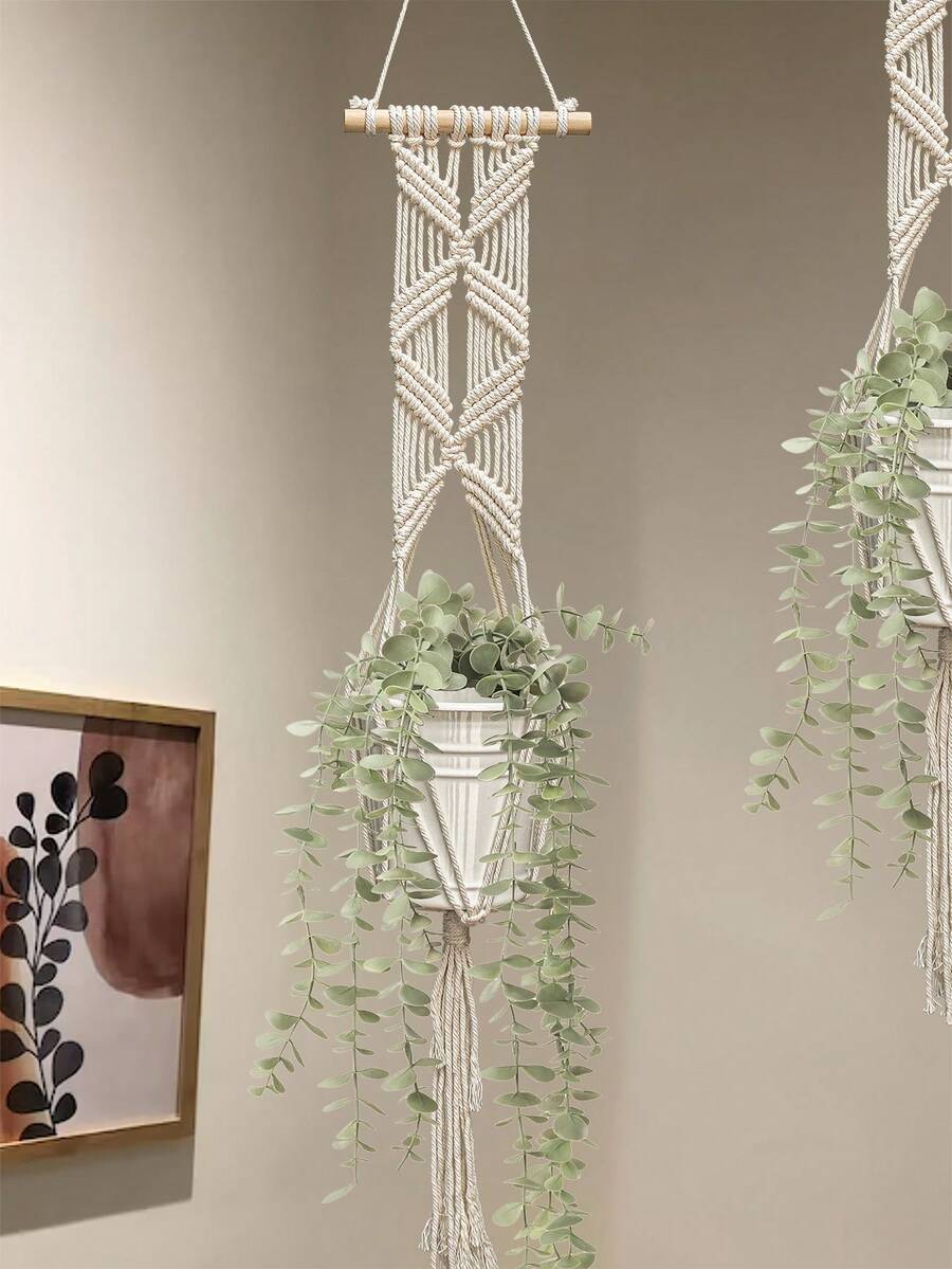1pc Bohemian Style Handmade Woven Hanging Basket Multi-Functional Mesh Holder, Indoor Home Decor, Room Decoration, Holiday Gift, Different Sizes Hanging Flower Pot Basket, With Beads No Tassels, Flower Pot And Plants Not Included - Multicolor - View 1