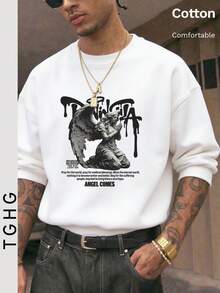 Men's Crew Neck Long Sleeve Lightweight T-Shirt T-Shirt, Decorated With Angel Graphic And Black Text - White - View 9