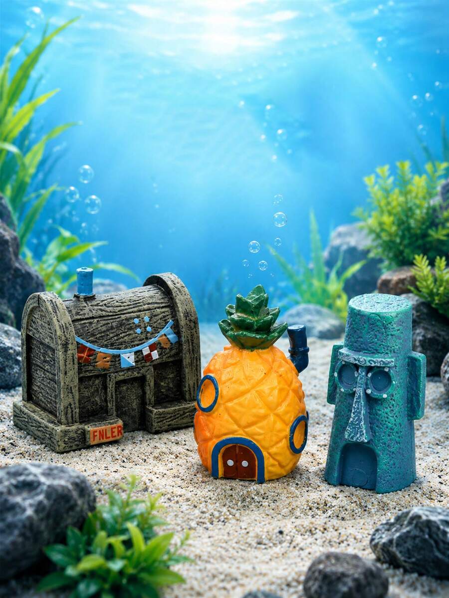3-1件組經典水下房屋迷你裝飾品,適用於魚缸造景、桌面擺飾、生日蛋糕派對裝飾 - 歡樂水族 - 查看 1