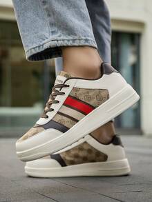 Men's New Fashion Colorblock Striped Random Print Front Lace-Up Skateboard Shoes, Simple Comfortable Outdoor Sports All-Season Versatile Casual Sneakers - Beige - View 10