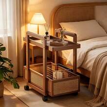 1PC Rattan Mobile Cart, Living Room Storage Cart, Can Store Books, Miscellaneous Items, Snacks, Sofa Side Shelf, Movable Dining Cart, Bedroom Storage Cart, Living Room Corner Storage, Floor Standing Mobile Shelf. - Multicolor - View 2