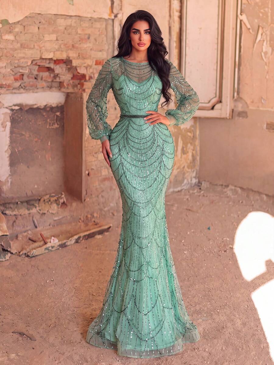 Faeriesty 华丽奢华的亮片美人鱼长袖晚礼服 - 闪耀的水晶串珠装饰，适合红毯活动、名人婚礼、慈善晚宴和时尚杂志拍摄派对。 - 薄荷綠 - 查看 1