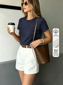 Kaos Wanita Modis dan Elegan Warna Polos - , Kasual Musim Panas - Navy Blue - View 9