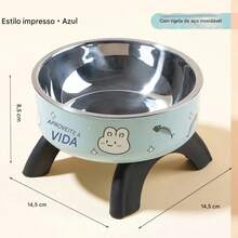 Tigela alta para gatos e cães em aço inoxidável com base antiderrapante, comedouro elevado que protege a coluna cervical do pet e evita derramamentos, design fofo azul com estampa de coelho, tamanho ideal 14,5cm para raças pequenas e médias. - 300ml - Visão 3