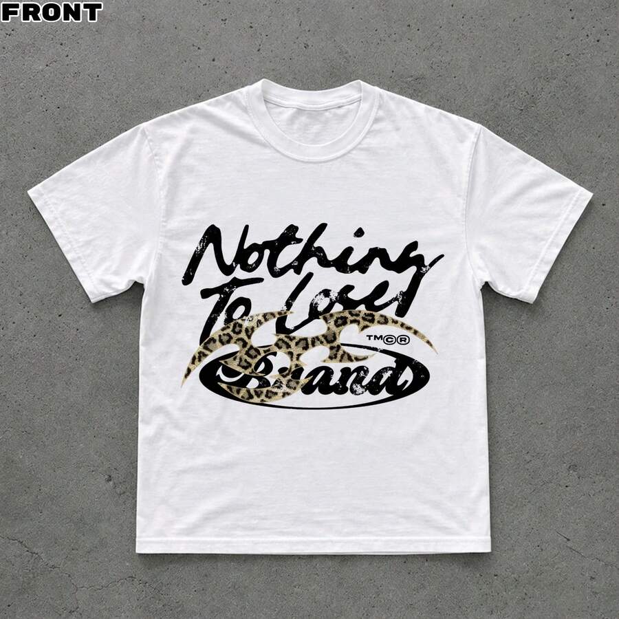 Cotton Y2K Grunge T-Shirt Leopard Print Distressed Cursive Slogan Graphic, Hip Hop Daily Street Tee - White - View 1