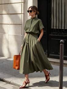 Solid Color Button Decor Stand Collar Short Sleeve 2-Piece Set Shirt + Pleated Midi Skirt, Suitable For Office Commute Business Spring Vacation - Army Green - View 1