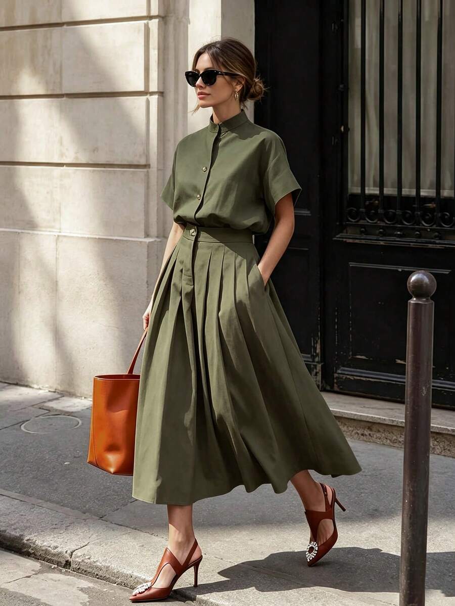 Solid Color Button Decor Stand Collar Short Sleeve 2-Piece Set Shirt + Pleated Midi Skirt, Suitable For Office Commute Business Spring Vacation - Army Green - View 1