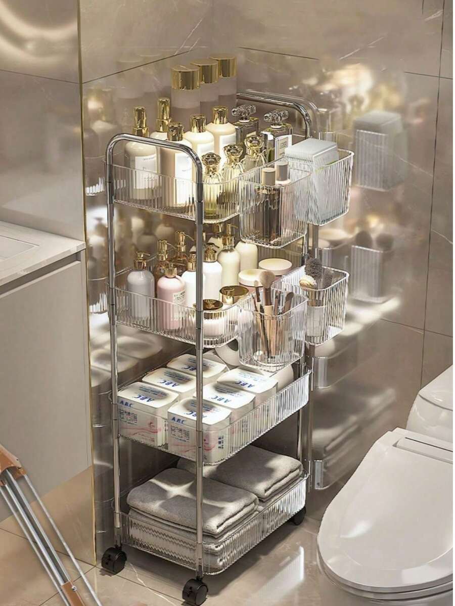 1pc 2-Tier/3-Tier/4-Tier Rotating Acrylic Cosmetic Storage Cart With Wheels - Multi-Functional Bathroom/Living Room Cosmetic Storage, Transparent Design For Easy Visibility, Portable Makeup Cart | Modern Storage Rack | Multi-Layer Mobile Storage Cart, Vanity Storage - Multicolor - View 1