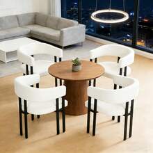 Dining Chair Beige Faux Leather - Curved Back With Armrests - Ideal For Kitchen, Living Room - Beige - View 4