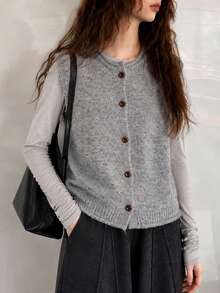 Women's Autumn/Winter Casual Minimalist Versatile Round Neck Knit Cardigan Vest Fall - Grey - View 3