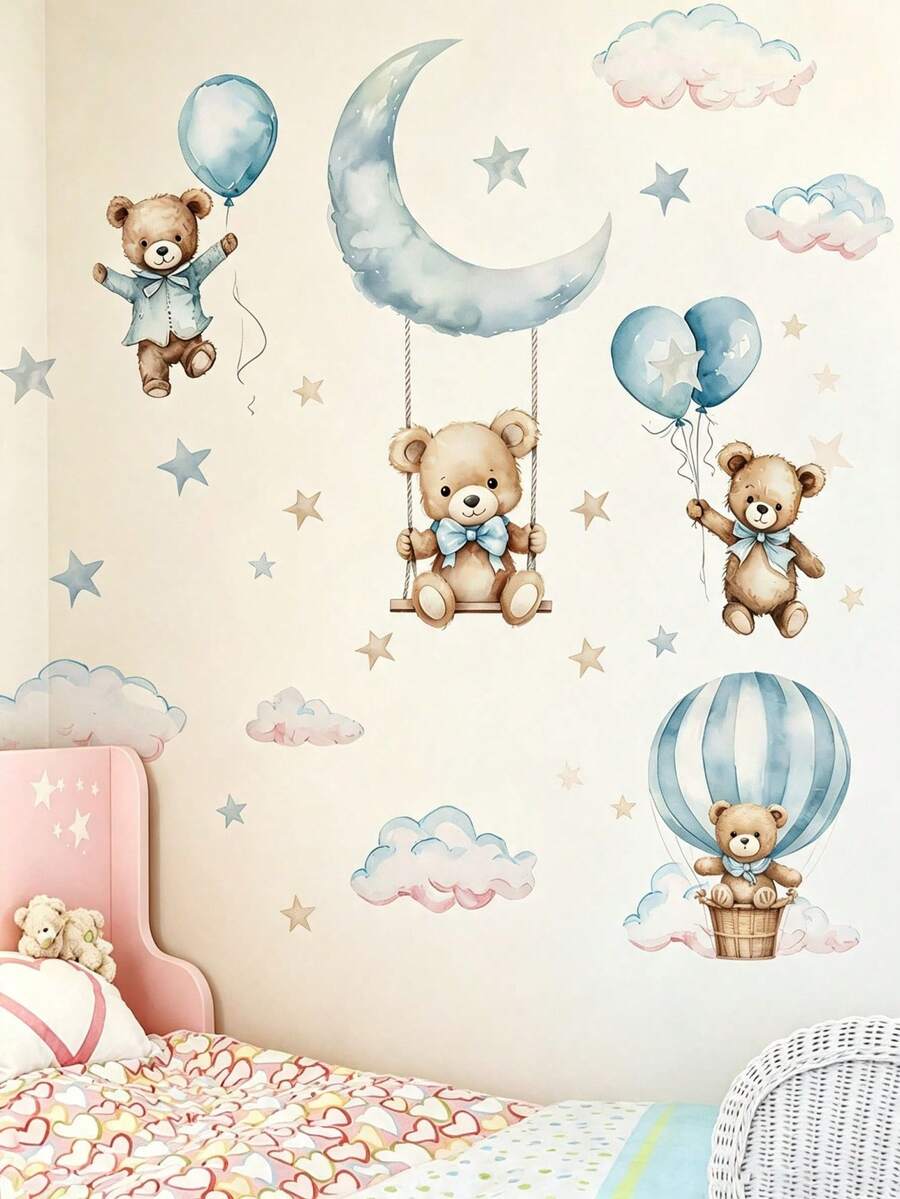 2 Styles Kids Room Wall Decals, Bear Balloon Moon Stickers And Space Astronaut Rocket Stickers, Home Decor, Boys Girls Bedroom Wall Art - Multicolor - View 1
