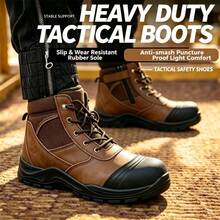 Men's Mid-Top Steel Toe Safety Work Shoes, Top Grain Suede Leather Protective Shoes, Side Zipper Design, Anti-Crush Industrial Work Boots - Brown - View 3