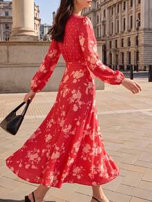 Fall Women Floral Midi Dress, V‑Neck Long Puff Sleeve Flowy A‑Line Printed Long Dress - Red - View 2