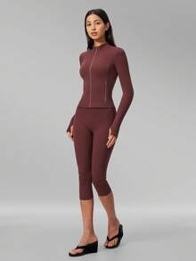 MFVIM Women's Versatile Yoga Set, Soft Skin-Friendly Fitted Jacket + Butt-Lifting Slimming Capris Leggings Riding Pants - Burgundy - View 6