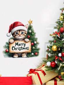 Cute Christmas Cartoon Cat Wall Stickers, Kitten Christmas Tree Gift Box Patterns, Self-Adhesive And Removable Wall Decals, Suitable For Fridge, Cabinet Doors, Living Room, And Bedroom, DIY Soft Decoration For Home Parties At Christmas - Wall Stickers - View 8