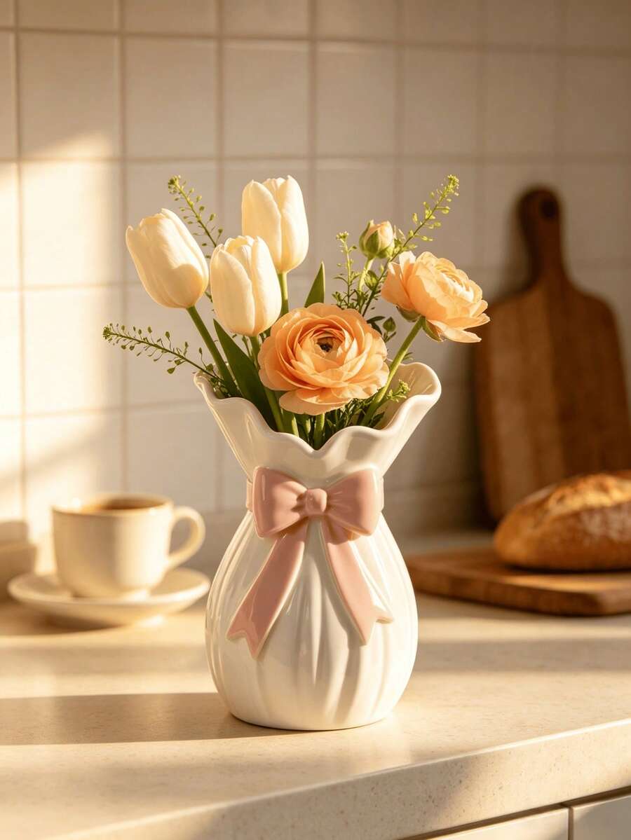 1pc Elegant White Vase With Pink Bow, Wavy Edge Design, Suitable For Fresh Flowers/Dried Flowers, Home Decor, Tabletop Centerpiece, Spring/Summer Aesthetic, Gift For Her, Wedding Table, Bohemian Fashion Style - Multicolor 1 - View 1