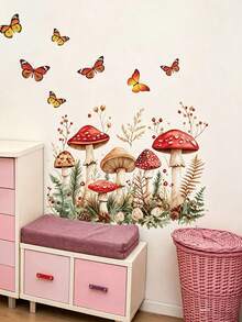 3 Styles Nursery Wall Decals, Forest Mushroom, Wildflower Meadow And Pink Rose By Window Stickers, Home Decor, Boys And Girls Bedroom Wall Art - Multicolor - View 1