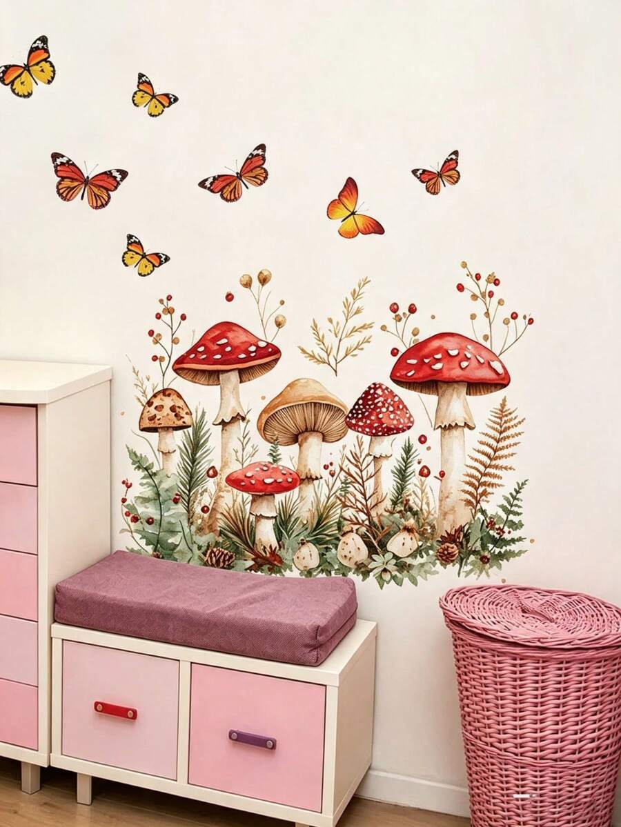 3 Styles Nursery Wall Decals, Forest Mushroom, Wildflower Meadow And Pink Rose By Window Stickers, Home Decor, Boys And Girls Bedroom Wall Art - Multicolor - View 1