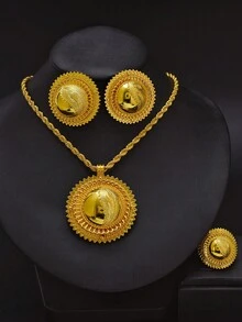 3pcs Golden Color Jewelry Set: Pendant Necklace, Earrings, Ring. Saudi Arabian, Ladies Party Jewelry, African Bride Wedding Accessories, Holiday Gift - A - View 1
