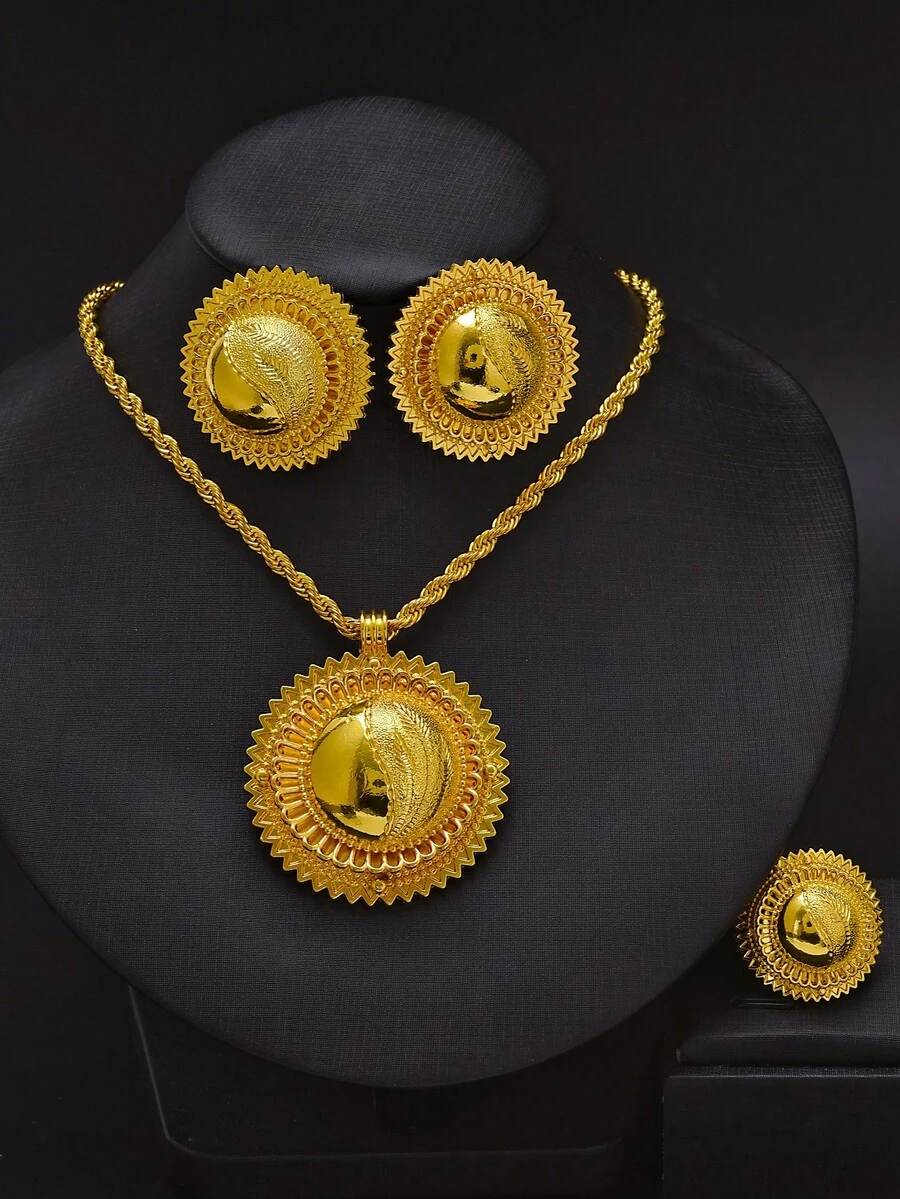 3pcs Golden Color Jewelry Set: Pendant Necklace, Earrings, Ring. Saudi Arabian, Ladies Party Jewelry, African Bride Wedding Accessories, Holiday Gift - A - View 1