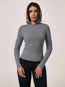 Women's Hooded Long Sleeve Slim Fit Pullover Stretch Solid Versatile Early Autumn Gym Running Cycling Hiking Golf Top - Grey - View 10
