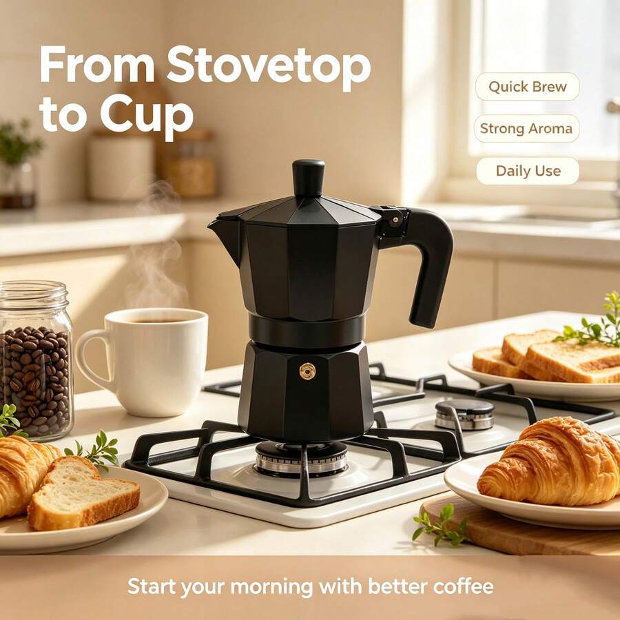 Moka Pot - 3/6/9 Cup Espresso And Cuban Coffee Brewer, Black R-Handle Stovetop Moka Pot, Suitable For Home Use And Outdoor Moka Pot - Black - View 1